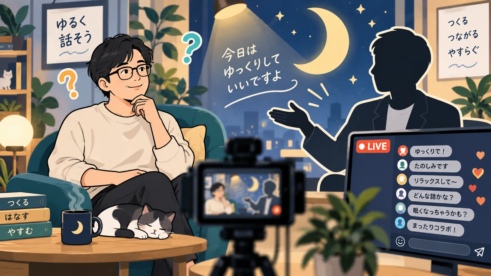 コラボ動画で眠りを検証する企画とSNS反応を表すオリジナルイラスト