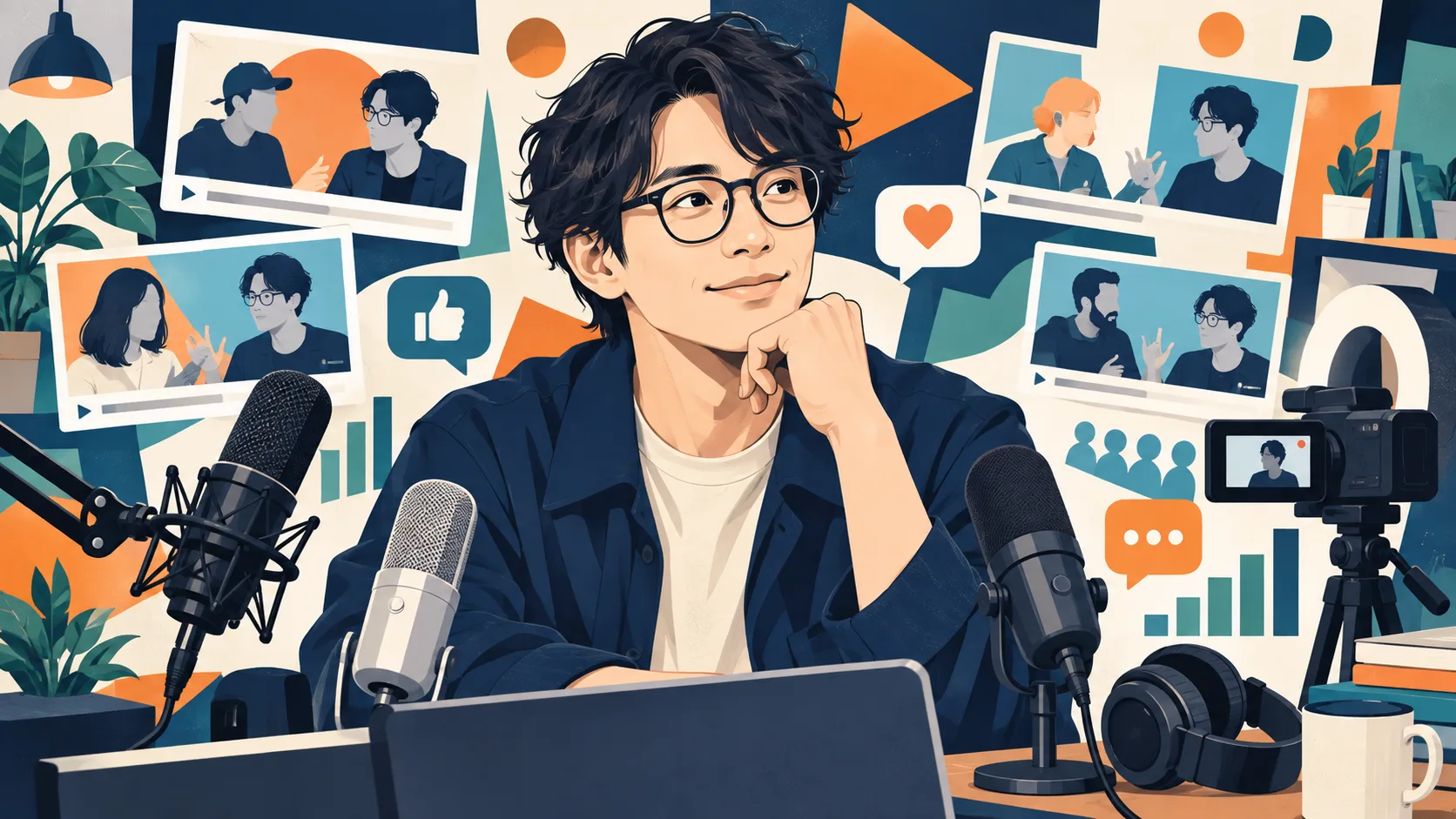 堀大輔さんをイメージした人物と複数の共演動画、SNS反応を示すイラスト