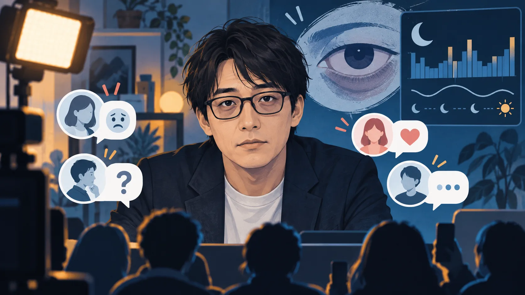 生配信の人物表情と目元へのSNS反応を検証するオリジナルイラスト