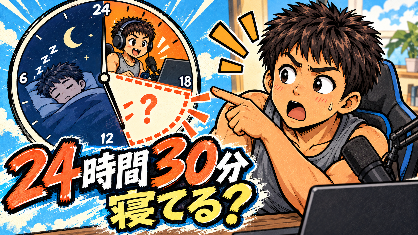 24時間ライブ配信の空白時間と寝てる説を整理するオリジナルイラスト