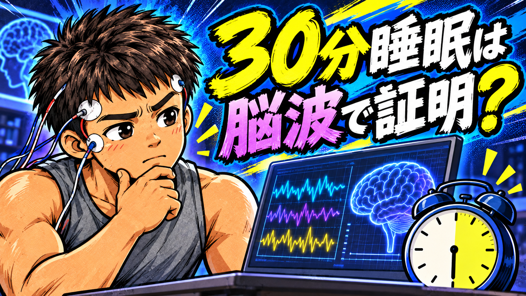 睡眠検査の脳波と配信映像を比較するオリジナルイラスト