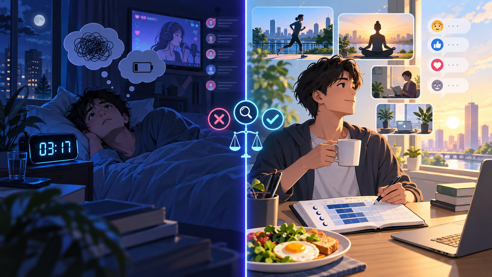 不眠症と短時間睡眠を睡眠記録で比較するオリジナルイラスト