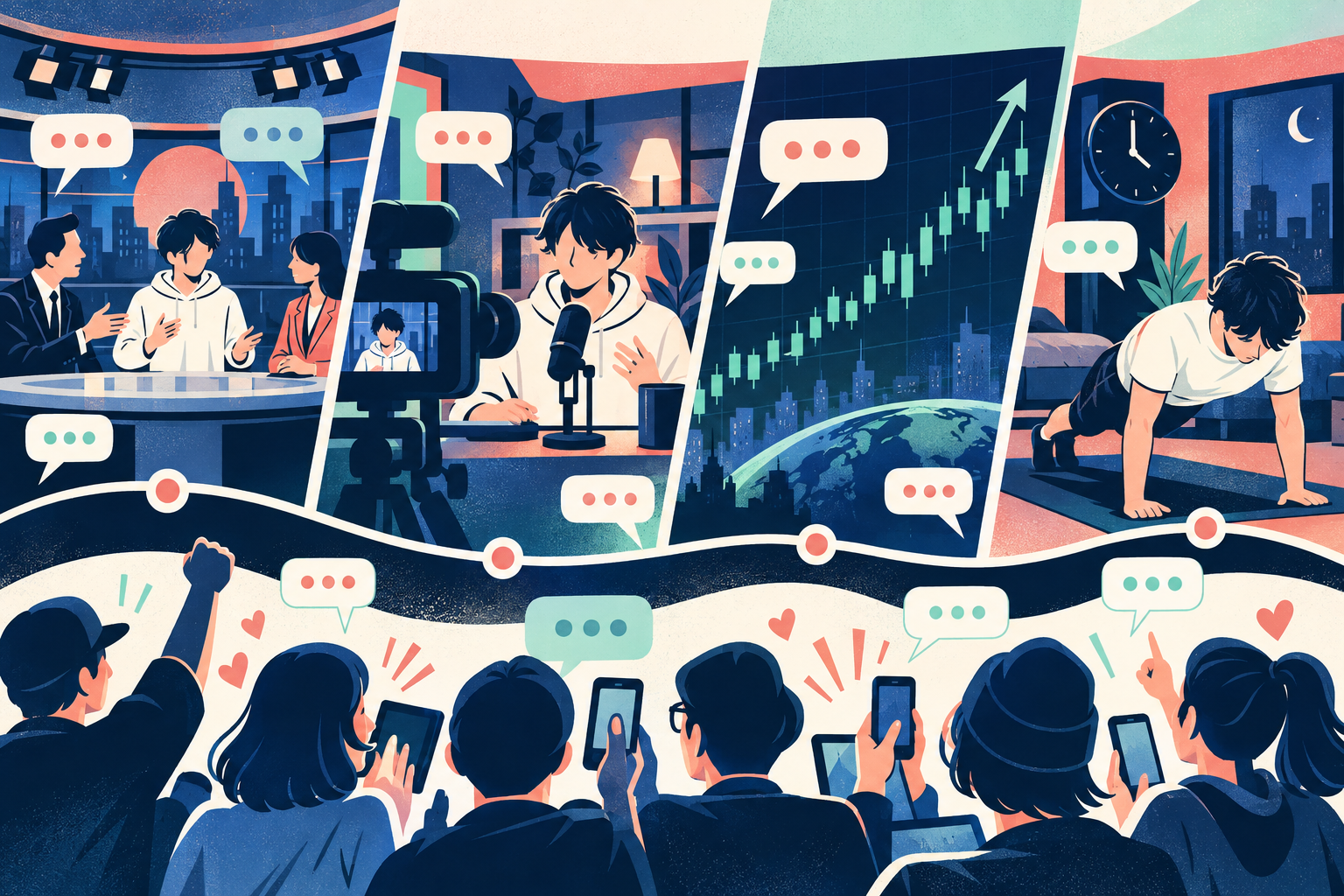 対談、FX投稿、1週間ライブ、筋トレ企画がSNSで話題になる流れを描いたオリジナルイラスト