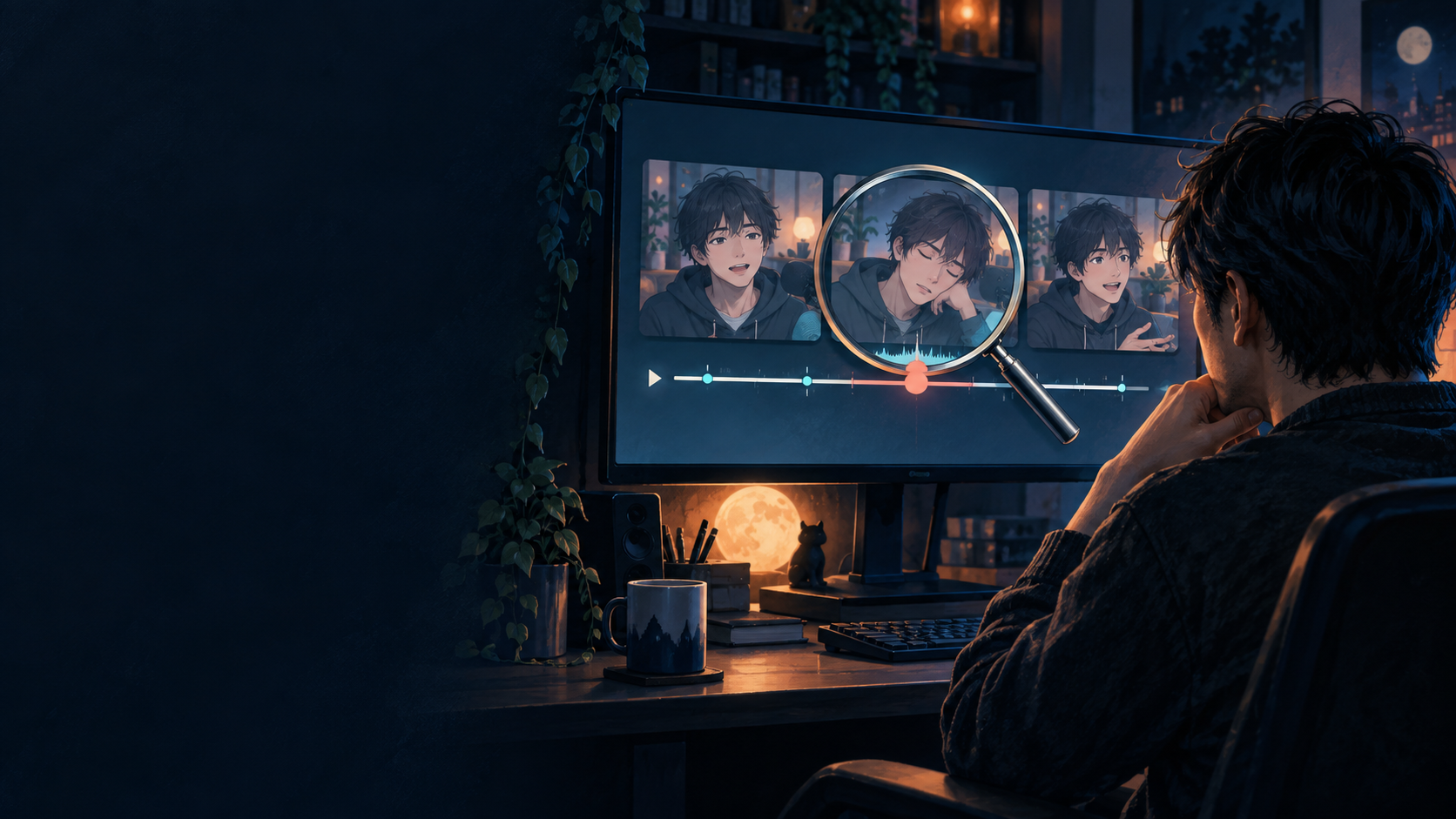 ライブ映像の一場面を拡大して確認する視聴者を描いたオリジナルイラスト
