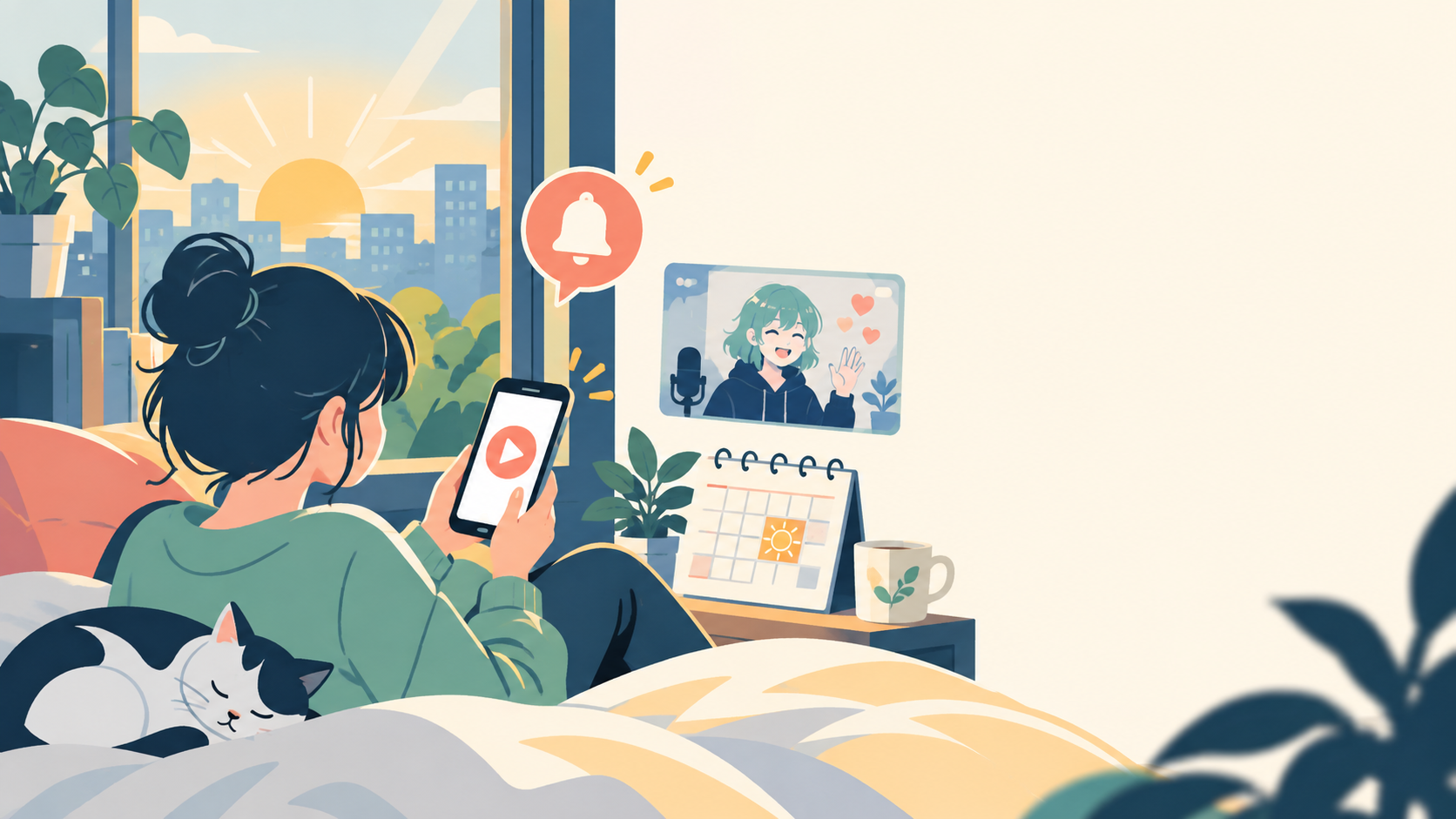 朝のライブ配信を公式告知とSNSで確認するオリジナルイラスト