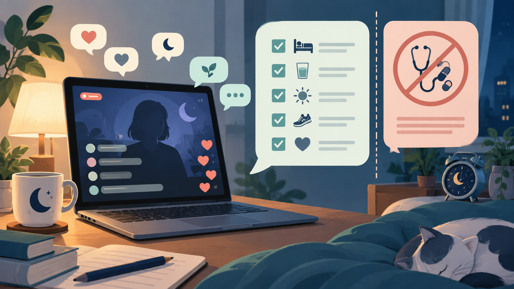 ライブへの心配の声と睡眠情報を分けて確認するオリジナルイラスト