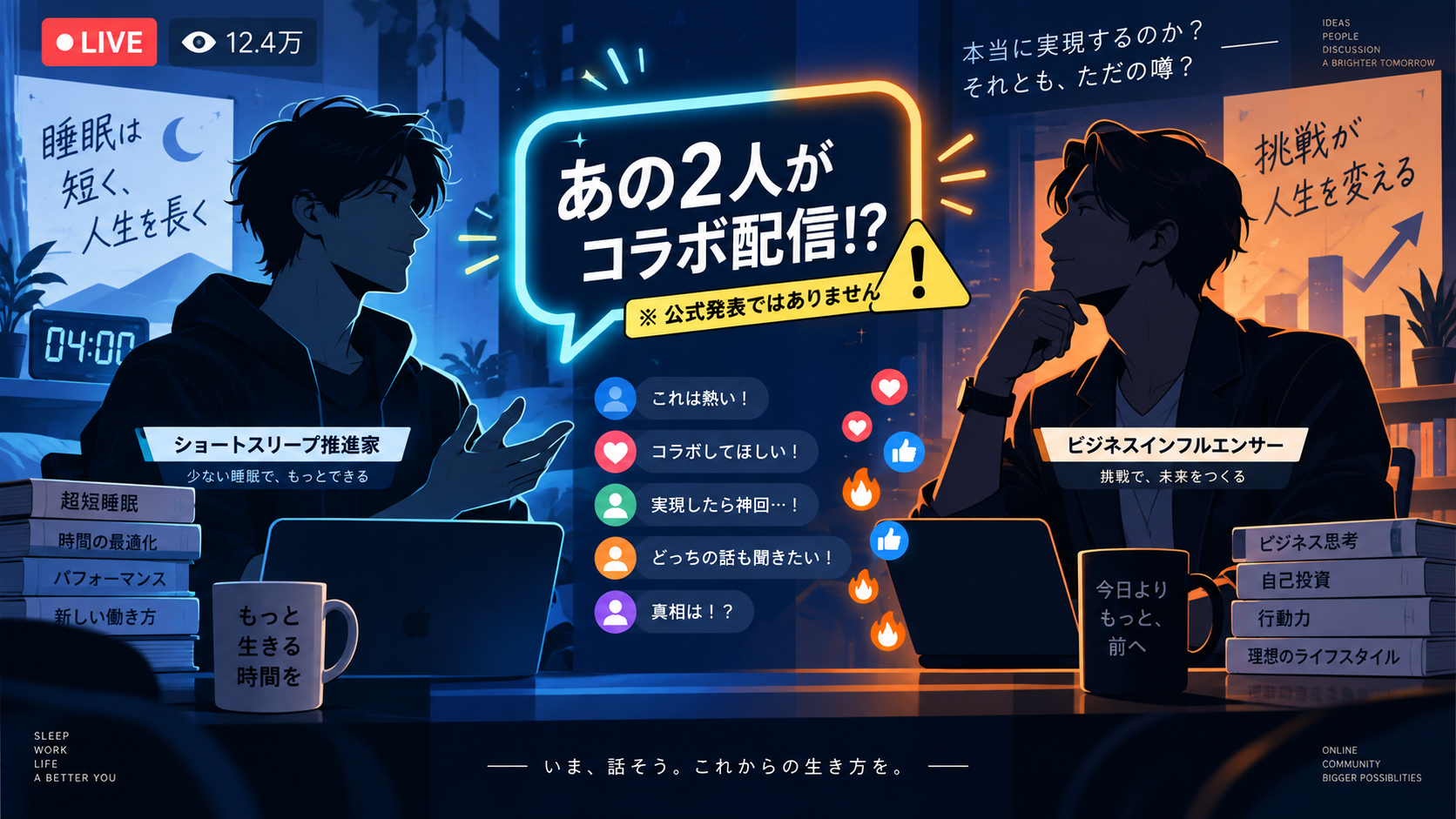 堀大輔と溝口勇児をめぐるコラボ予想とSNS反応を整理するオリジナルイラスト