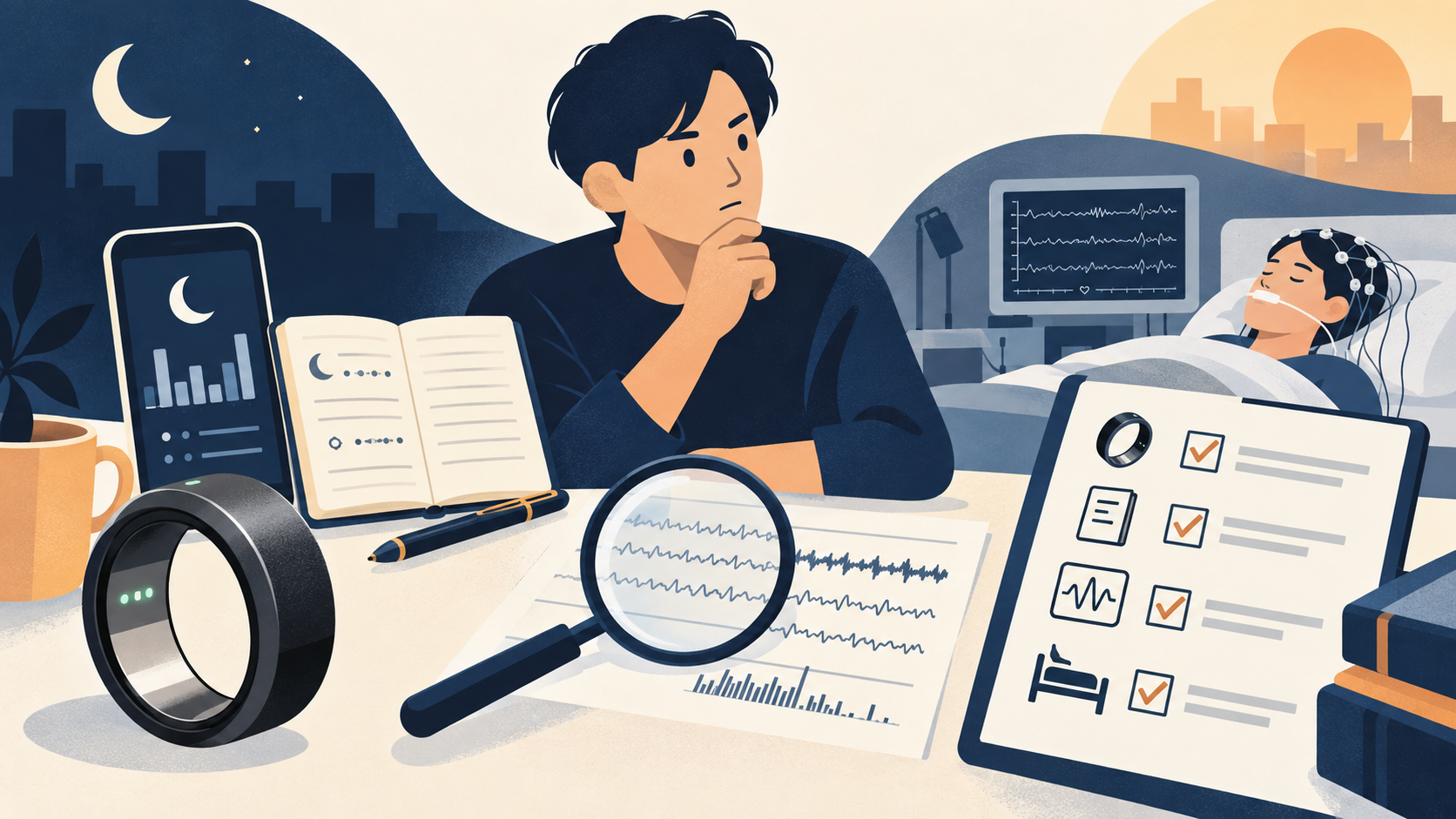 スマートリングや睡眠日誌と脳波検査の違いを調べるオリジナルイラスト