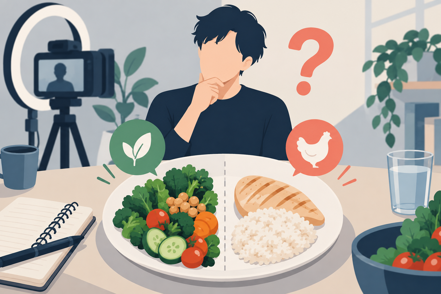 植物性食品と鶏肉・玄米を並べて食事情報を確認するオリジナルイラスト