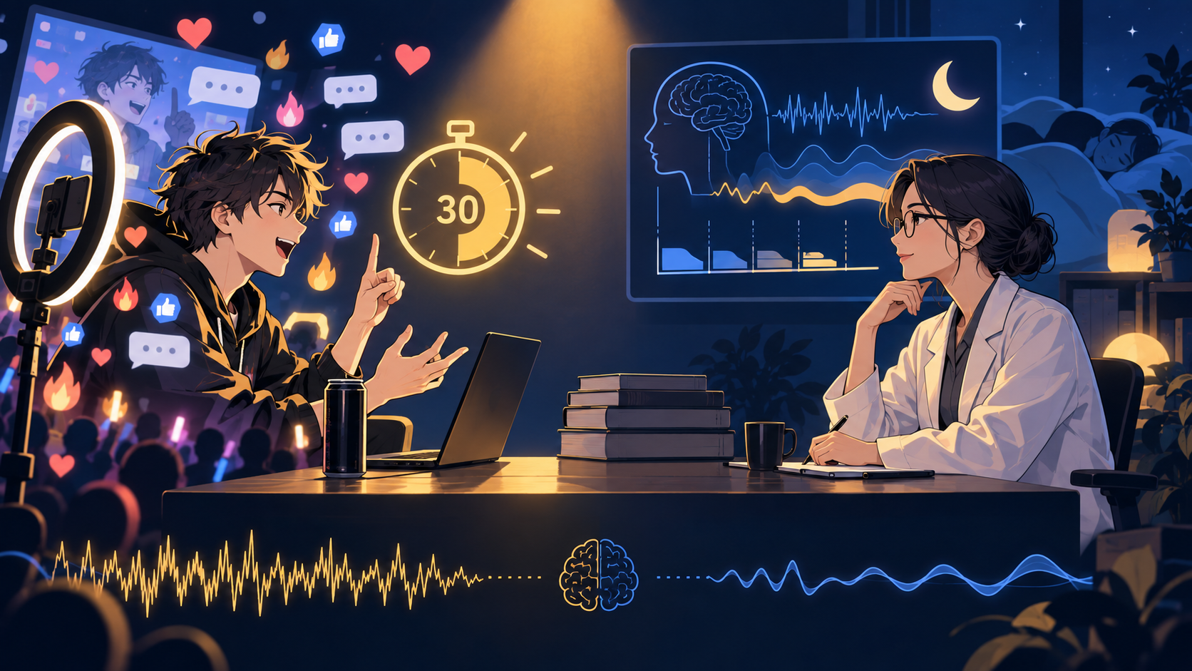 短時間睡眠を語る配信者と睡眠研究者を対比したオリジナルイラスト