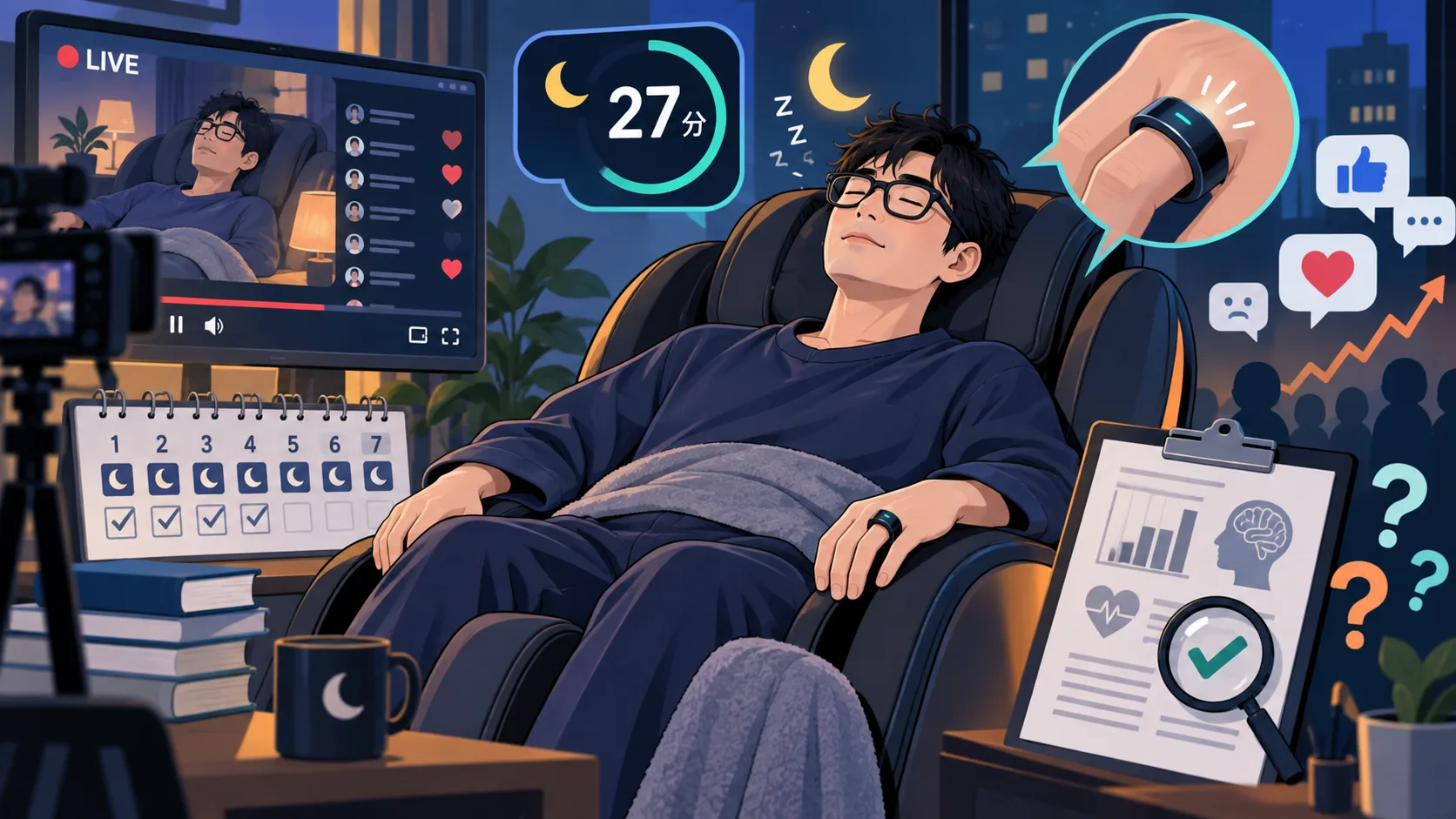 1週間ライブ配信中の睡眠と27分のタイマーを確認するオリジナルイラスト