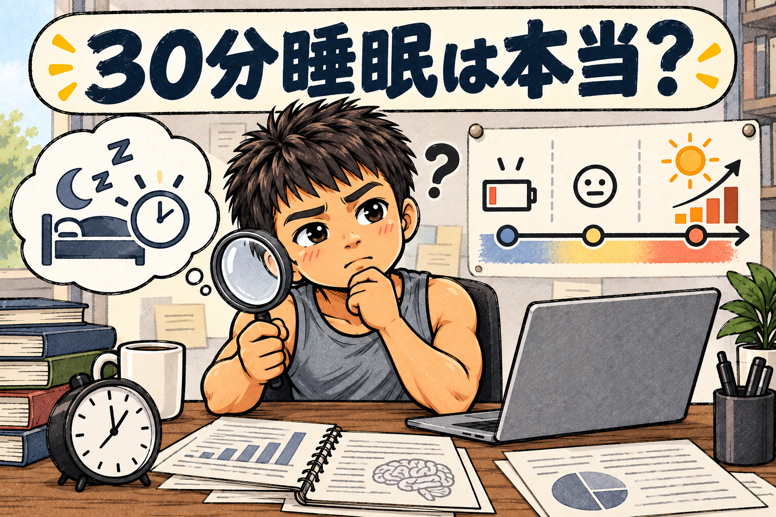 堀大輔さんをイメージした人物と昼夜の時計、睡眠研究を示すイラスト