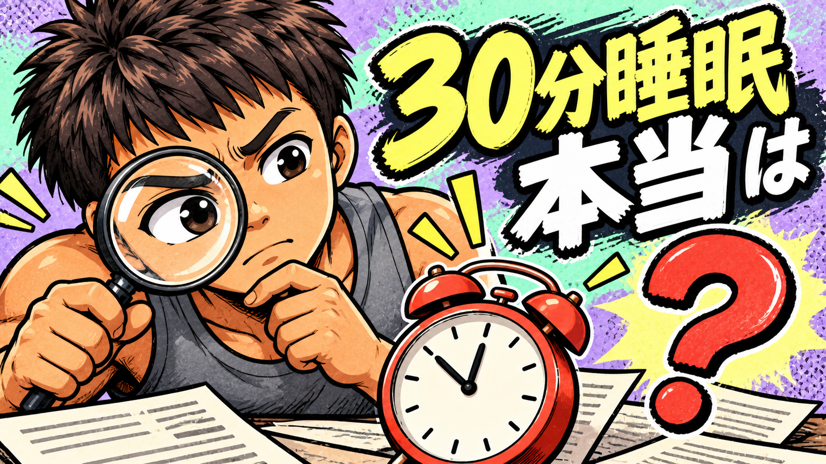堀大輔さんをイメージした人物と昼夜の時計、睡眠研究を示すイラスト