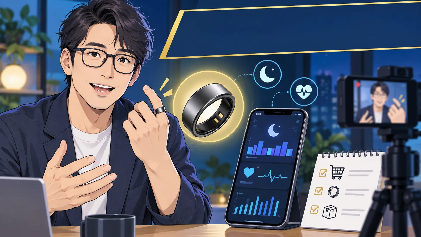 生配信で話題になったスマートリングと睡眠データを確認するオリジナルイラスト