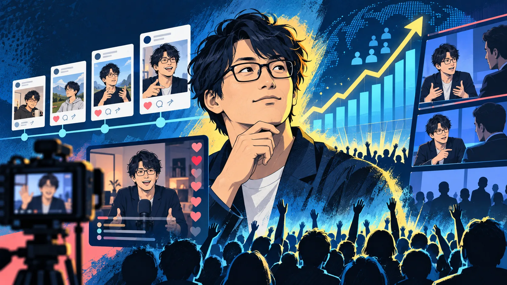 SNS投稿、対談、生配信を通じて話題が広がる流れを描いたオリジナルイラスト